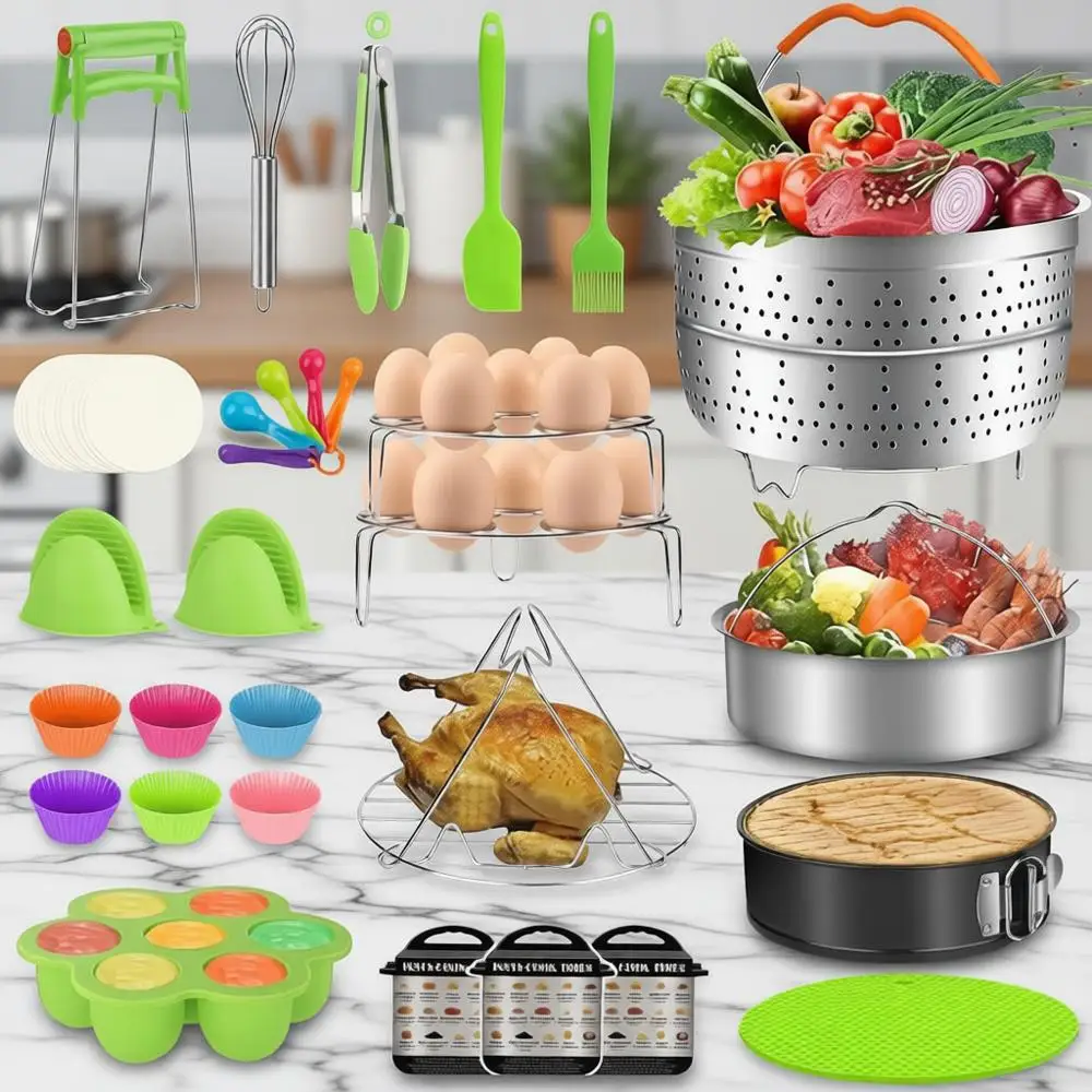 Набор из 98 предметов: кастрюли, корзины для пароварки, разъемная форма для выпечки, пароварка для яиц, формы, щипцы, силиконовый коврик, прихватки, кухонные принадлежности.
Набор из 98 предметов: кастрюли, корзины для пароварки, разъемная форма для выпечки, пароварка для яиц, формы, щипцы, силиконовый коврик, прихватки, кухонные принадлежности.