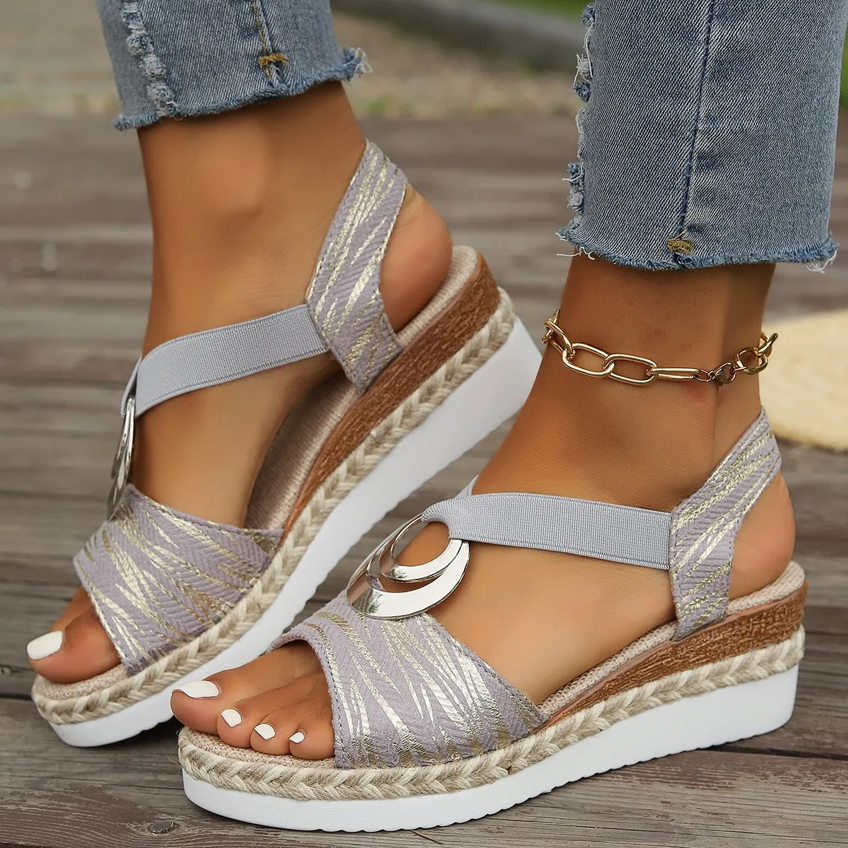 Comfortable Open Toe Wedge Sandals for Women, Metallic Accent & Elastic Strap, Espadrille Style 20 S74c7946a15004b56a0b93d42242b0faeA