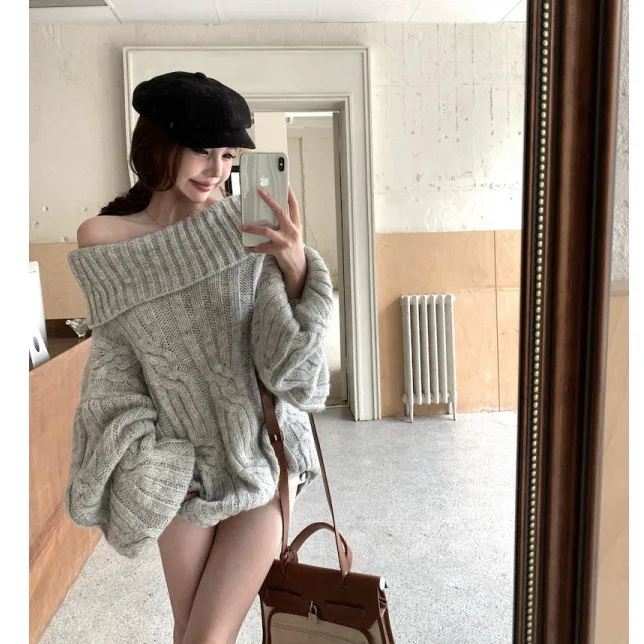 Autumn Winter Grey Sexy One Shoulder long-sellve Knitwear Women's Lazy Casual Thicken Knitted Sweater Ladies Pullovers Tops
Autumn Winter Grey Sexy One Shoulder long-sellve Knitwear Women's Lazy Casual Thicken Knitted Sweater Ladies Pullovers Tops