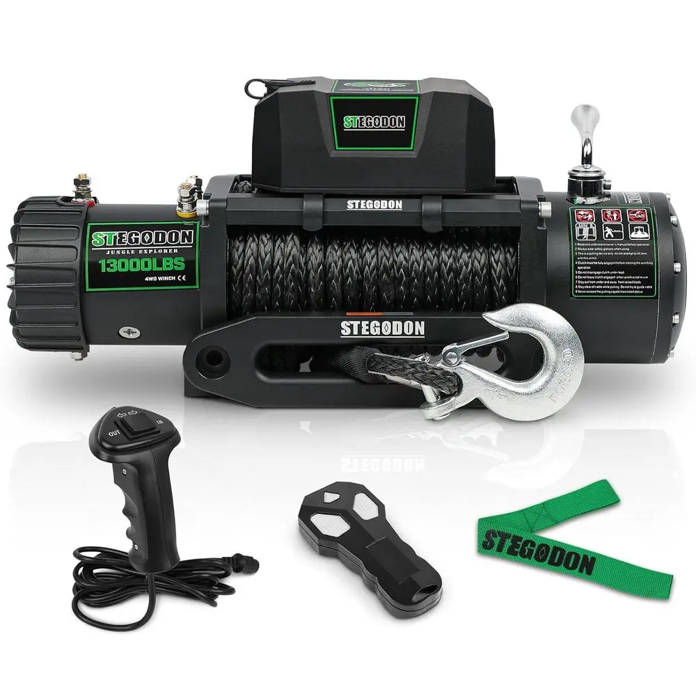 12V Synthetic Rope Electric Winch with IP67 Waterproof Rating, Wireless Remote and Wired Handle Control, 13000 lb. Load Capacity
12V Synthetic Rope Electric Winch with IP67 Waterproof Rating, Wireless Remote and Wired Handle Control, 13000 lb. Load Capacity