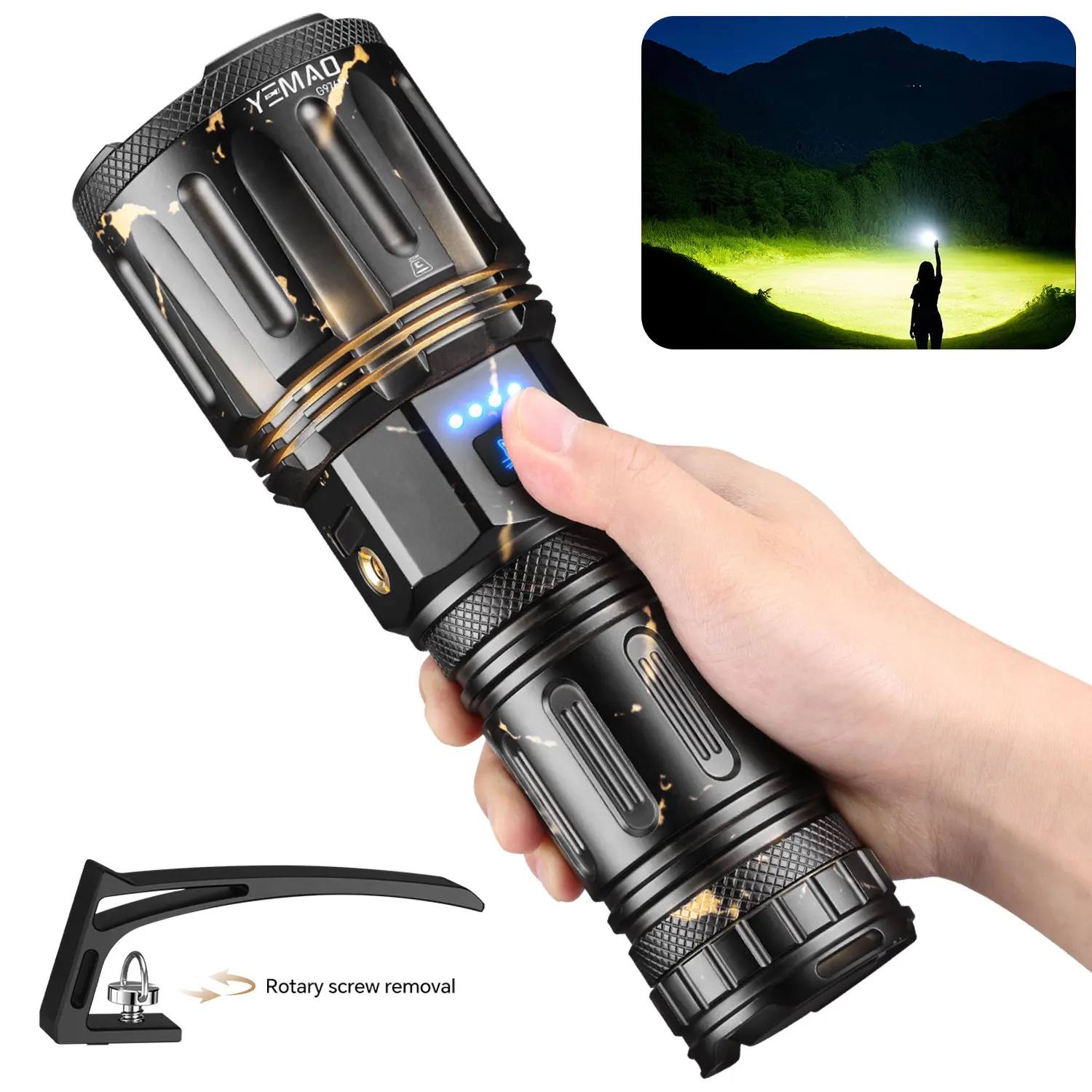 YEMAO G976M Мощный перезаряжаемый фонарик 46950 Батарея 32000 мАч Высокая мощность Макс. ход 1050 метров Тактический масштабируемый фонарик
YEMAO G976M Мощный перезаряжаемый фонарик 46950 Батарея 32000 мАч Высокая мощность Макс. ход 1050 метров Тактический масштабируемый фонарик