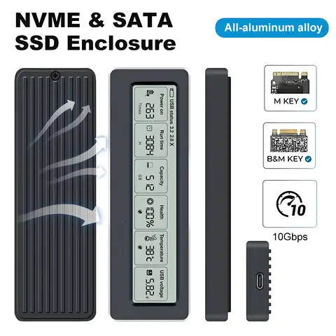 M.2 SSD Case NVMe SATA SSD Enclosure Adapter All-aluminum alloy 10Gbps USB 3.2 Gen2 USB C External Enclosure with Display Screen