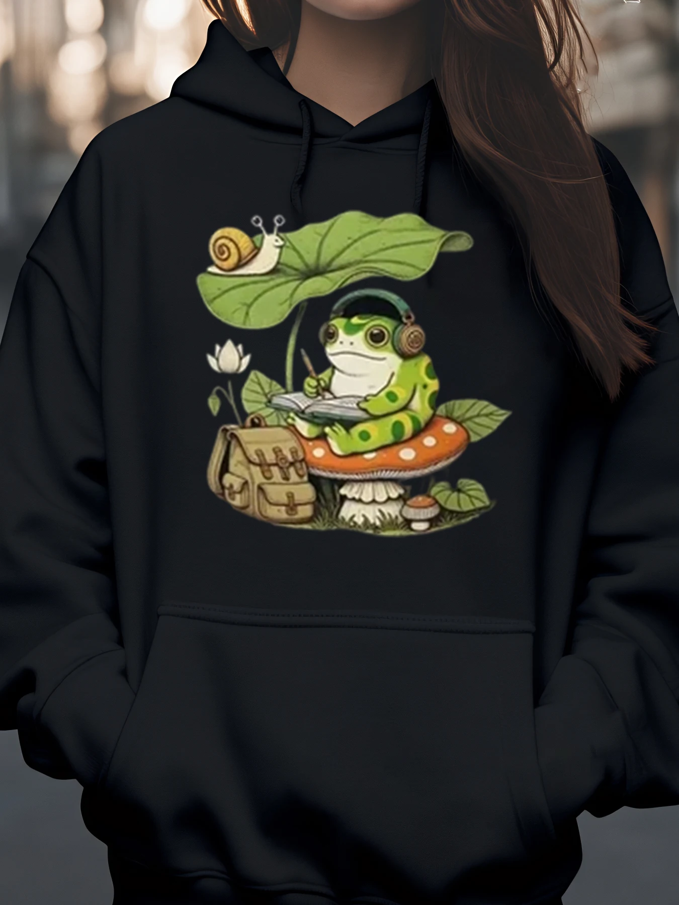 Толстовка с принтом лягушки и наушников и листьев улитки, осенне-осенняя повседневная одежда для женщин и девочек
Толстовка с принтом лягушки и наушников и листьев улитки, осенне-осенняя повседневная одежда для женщин и девочек
