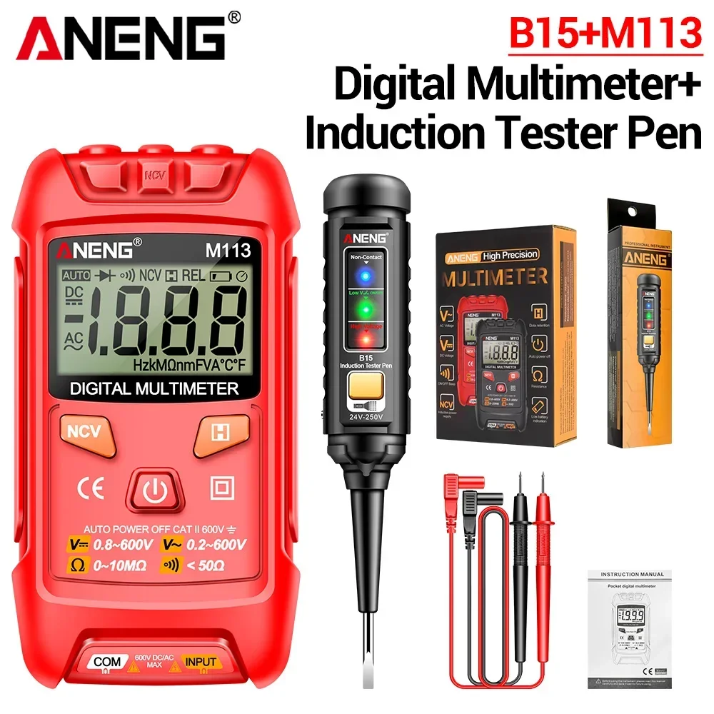 Mini Digital Multimeter M113+B15 Induction Tester Pen AC/DC Voltage Meter 1999 Counts Ohm NCV Resistance Measuring Instruments
Mini Digital Multimeter M113+B15 Induction Tester Pen AC/DC Voltage Meter 1999 Counts Ohm NCV Resistance Measuring Instruments