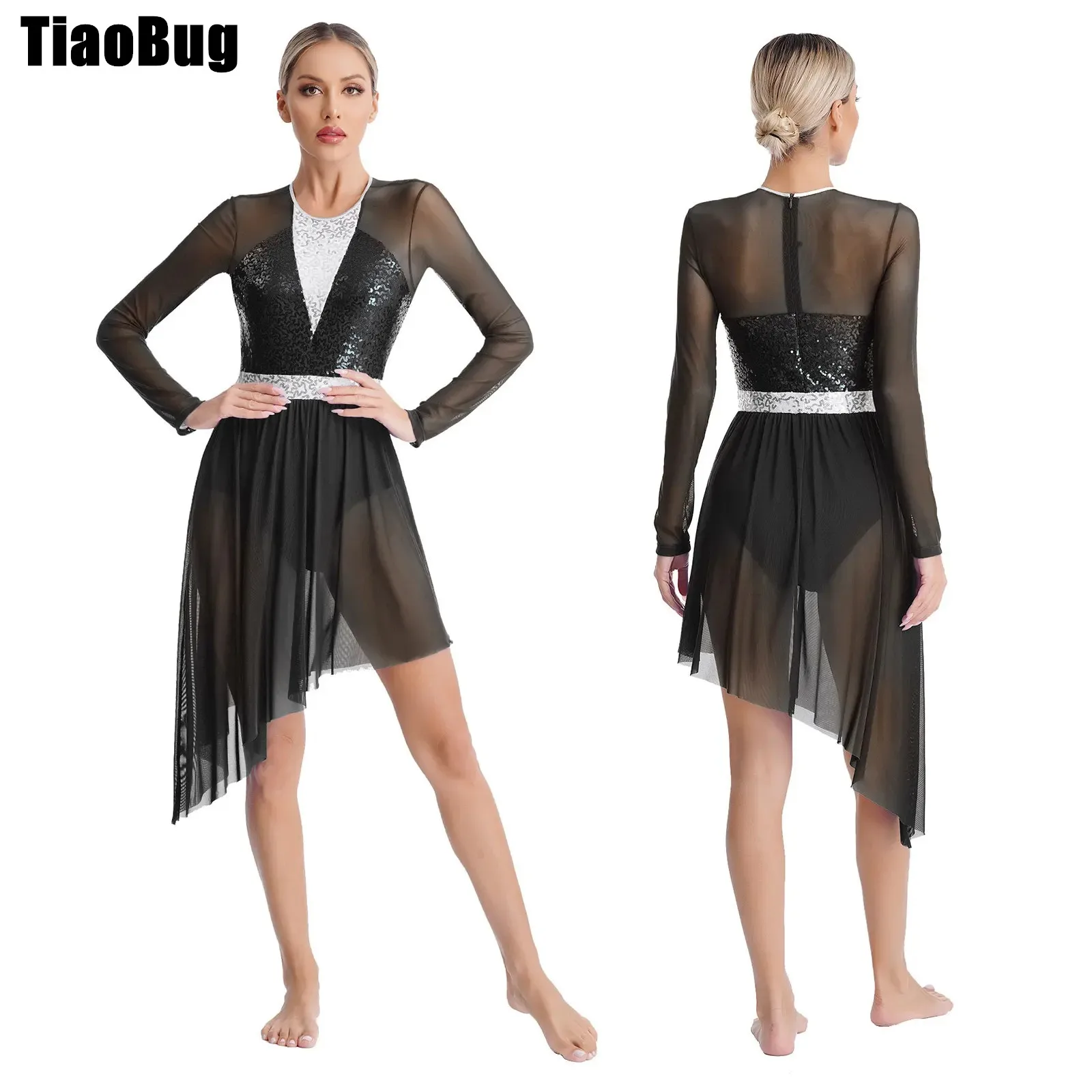 Womens Sequins Sheer Mesh Dance Dress Long Sleeve Irregular Hem Dresses for Lyrical Dance Figure Skating Performance Competition
Womens Sequins Sheer Mesh Dance Dress Long Sleeve Irregular Hem Dresses for Lyrical Dance Figure Skating Performance Competition