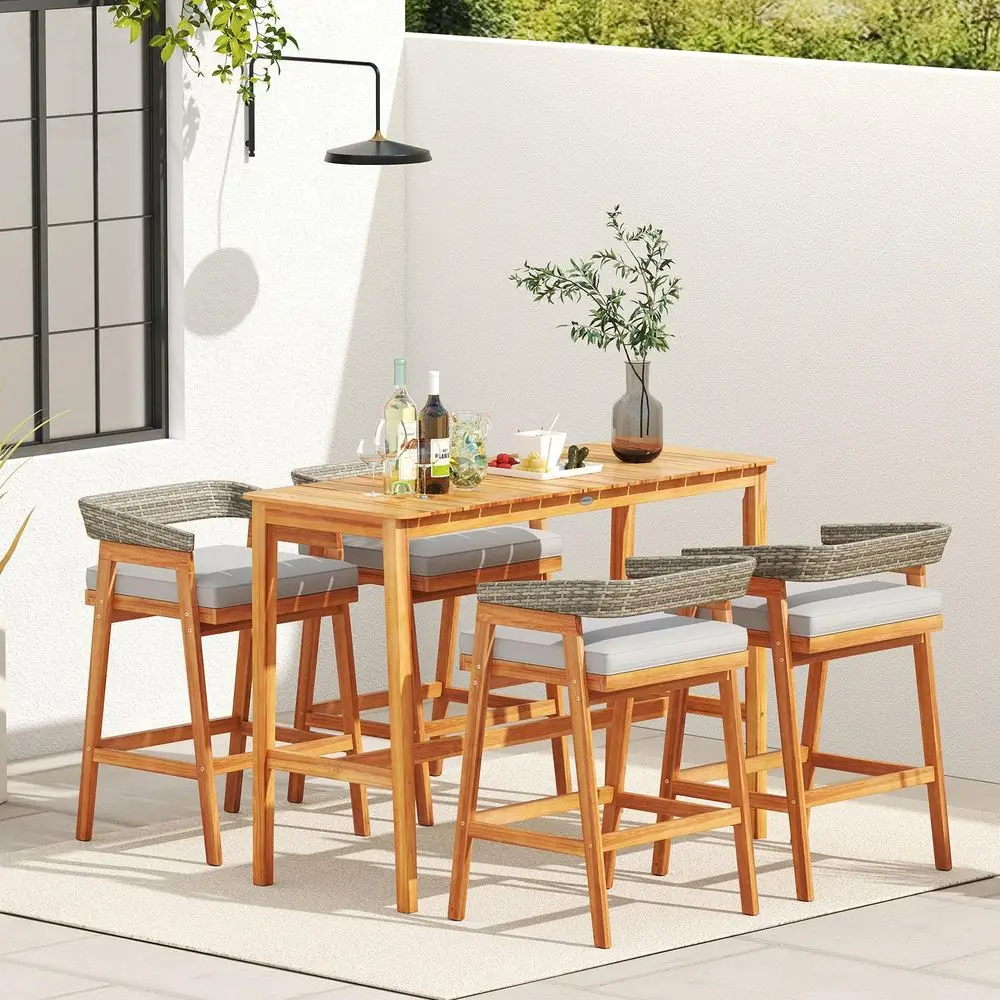 5 Piece Patio Bar Set, Outdoor Acacia Wood Counter Height Table with 4 Cushioned Barstools with Curved Rattan Back and Footrest
5 Piece Patio Bar Set, Outdoor Acacia Wood Counter Height Table with 4 Cushioned Barstools with Curved Rattan Back and Footrest
