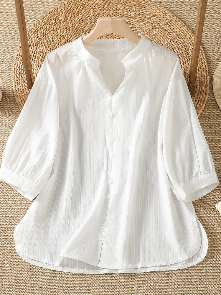 Summer Commute Pure Cotton Embroidered Stripe Pattern Loose Women's Shirt Flattering Slimming Top Belly Covering Casual Wear
Summer Commute Pure Cotton Embroidered Stripe Pattern Loose Women's Shirt Flattering Slimming Top Belly Covering Casual Wear
