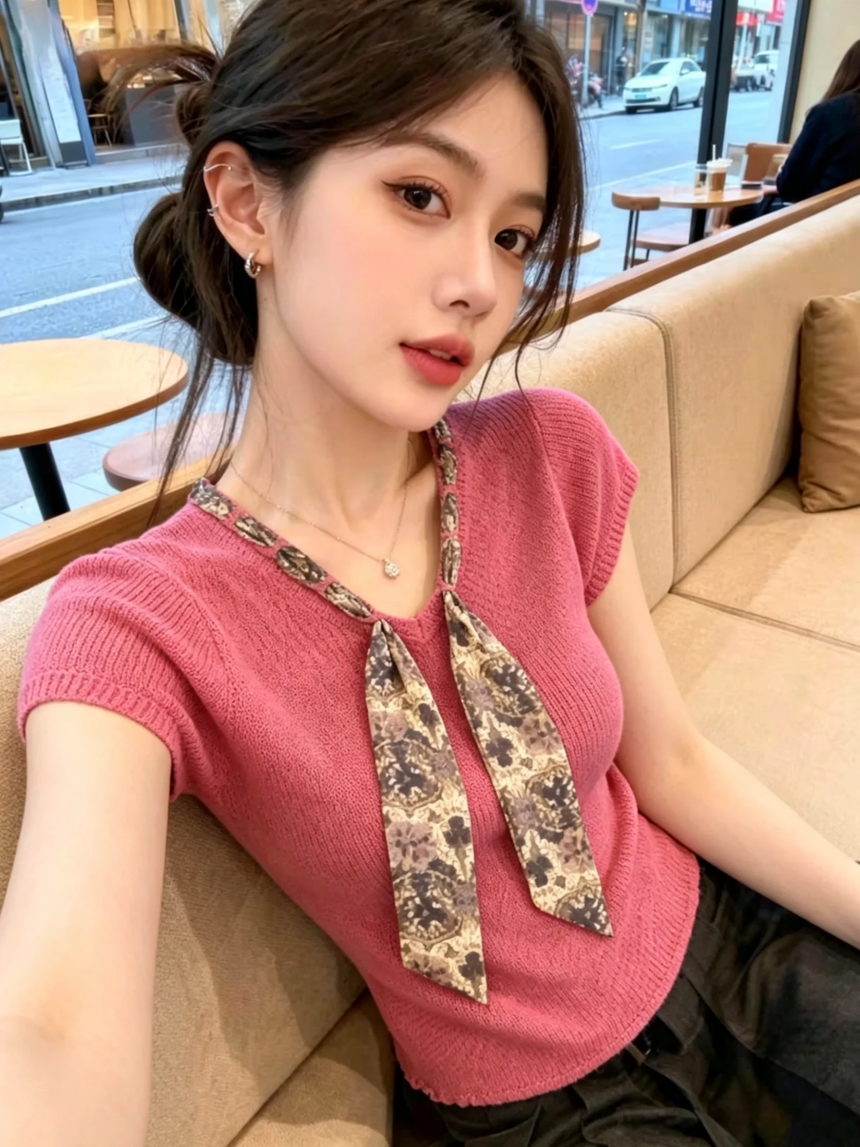Sweet Style Silk Scarf V-Neck Short Sleeve Knitted Top Women Summer New Arrival Thin Model Self-Keeping Korean Version Slim Fit
Sweet Style Silk Scarf V-Neck Short Sleeve Knitted Top Women Summer New Arrival Thin Model Self-Keeping Korean Version Slim Fit