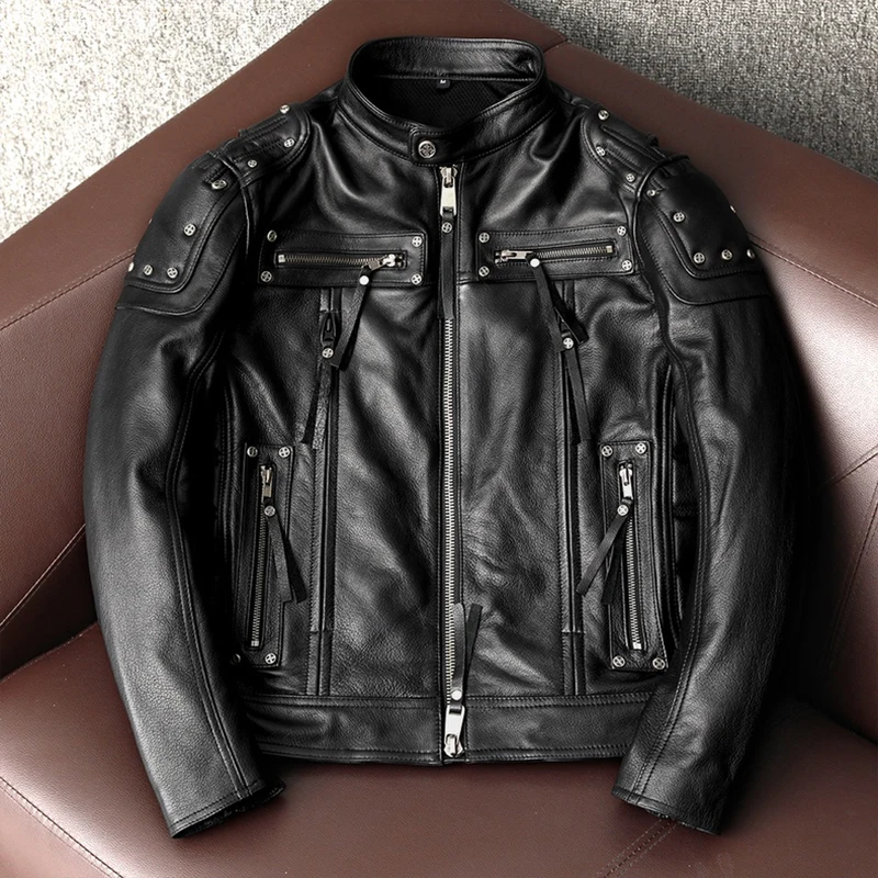 Leather Jacket Men Can Add Protective Gear Rivets Trendy Jackets Pure Top Layer Cowhide Genuine Leather Motorcycle Clothing
Leather Jacket Men Can Add Protective Gear Rivets Trendy Jackets Pure Top Layer Cowhide Genuine Leather Motorcycle Clothing