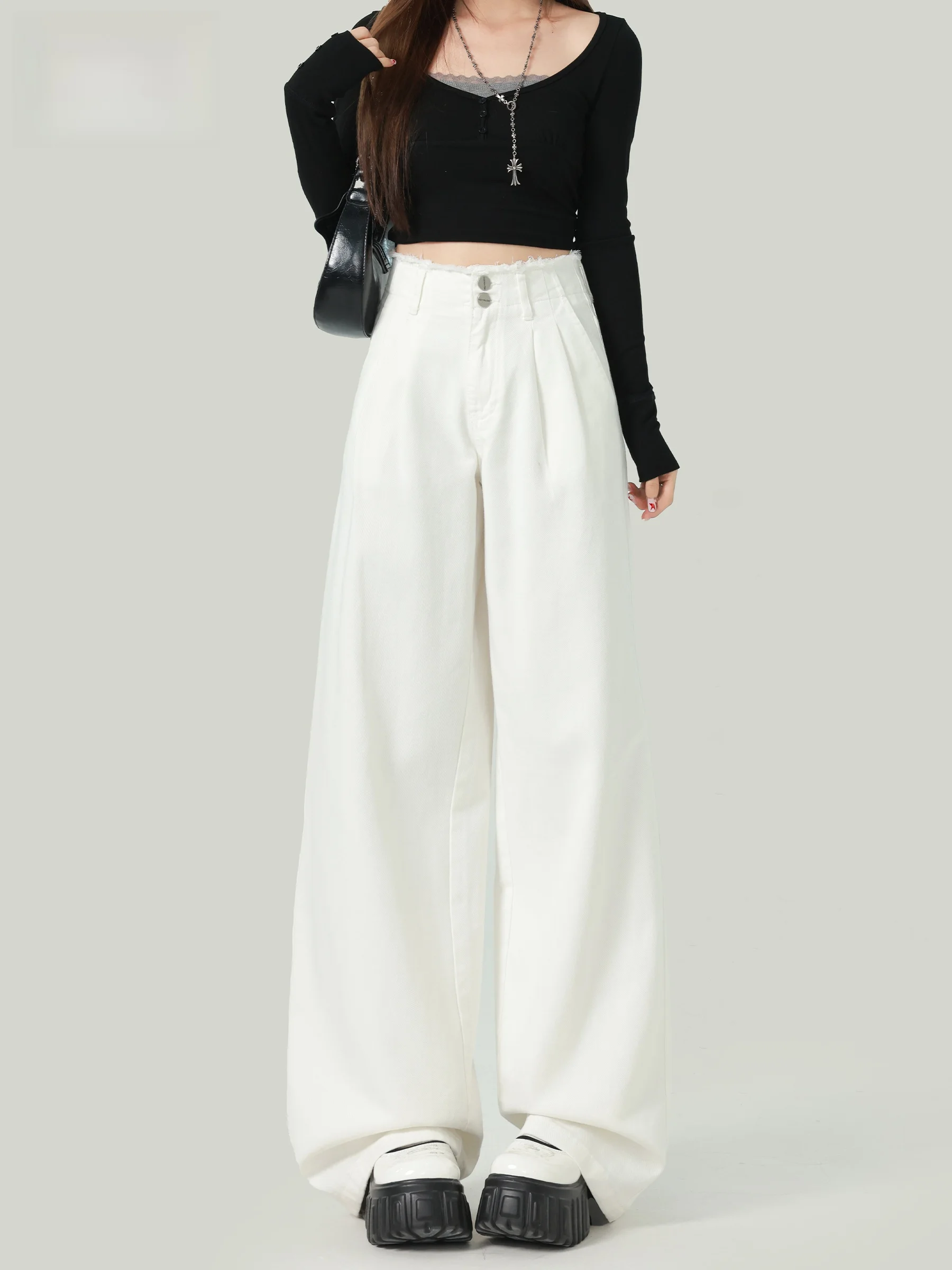 High Waist Wide Leg Denim Jeans Women's Loose Slimming Design Sensation Frayed Waist Head Floor-Length Pants White
High Waist Wide Leg Denim Jeans Women's Loose Slimming Design Sensation Frayed Waist Head Floor-Length Pants White