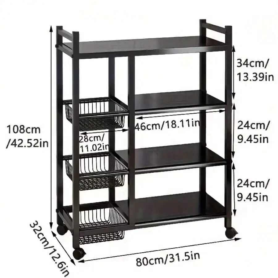 A 4-Layer Black Metal Storage Rack With Wheels - A Multi-Functional Vegetable Rack For The Kitchen And Pantry, Featuring 3
A 4-Layer Black Metal Storage Rack With Wheels - A Multi-Functional Vegetable Rack For The Kitchen And Pantry, Featuring 3