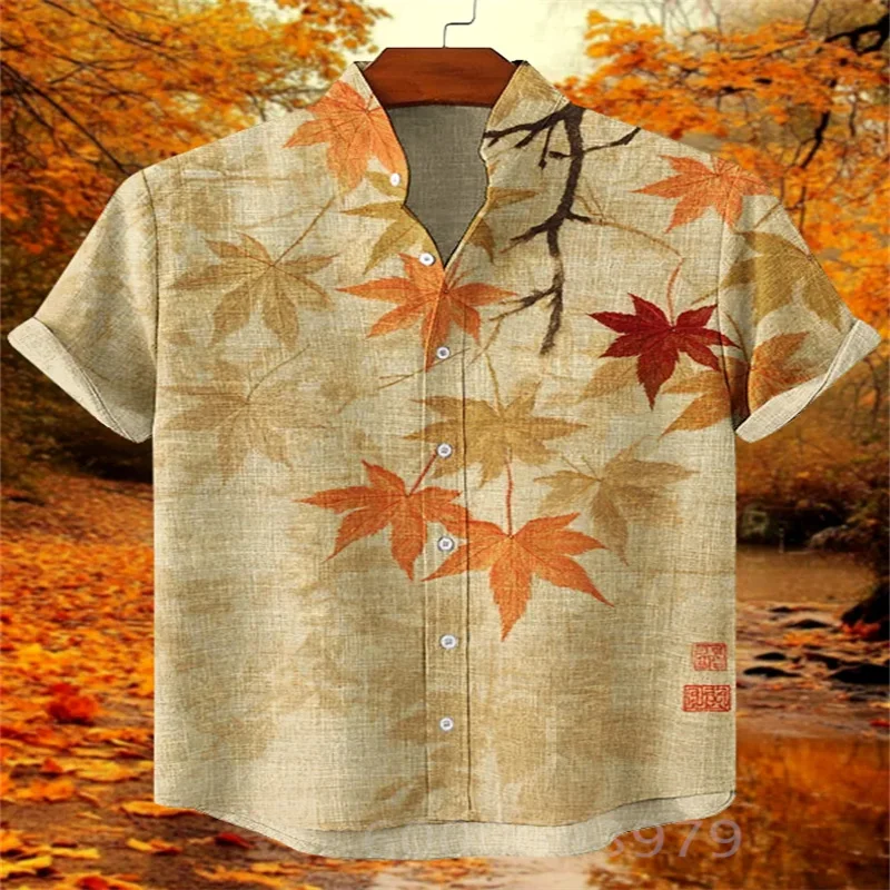 Men's short-sleeved summer shirt, maple leaf print, short sleeves, button placket, stylish stand collar, high-quality streetwear
Men's short-sleeved summer shirt, maple leaf print, short sleeves, button placket, stylish stand collar, high-quality streetwear