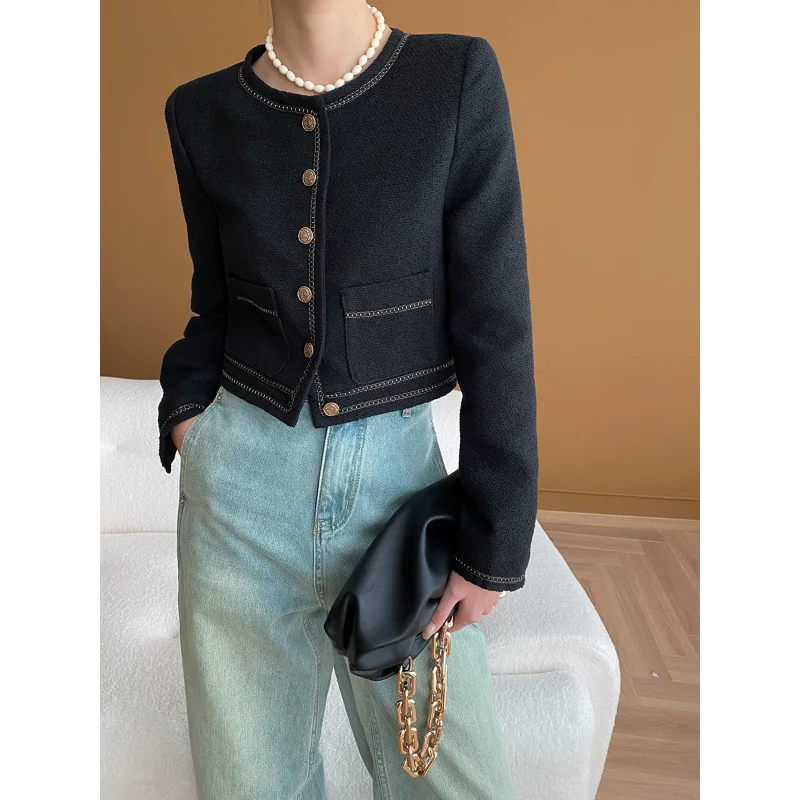 Fashion Black Small Fragrance Short Coat Female Round Neck Elegant French Long Sleeve Sweet Basic Korean Women Coat Spring New
Fashion Black Small Fragrance Short Coat Female Round Neck Elegant French Long Sleeve Sweet Basic Korean Women Coat Spring New