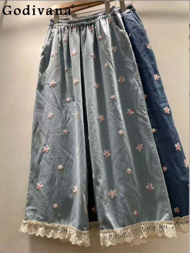 Fashion Summer Women Elastic Waist Embroidered Flower Light Loose Jeans Fashion Age-reducing Sweet Blue Lolita Wide-leg Pants
Fashion Summer Women Elastic Waist Embroidered Flower Light Loose Jeans Fashion Age-reducing Sweet Blue Lolita Wide-leg Pants
