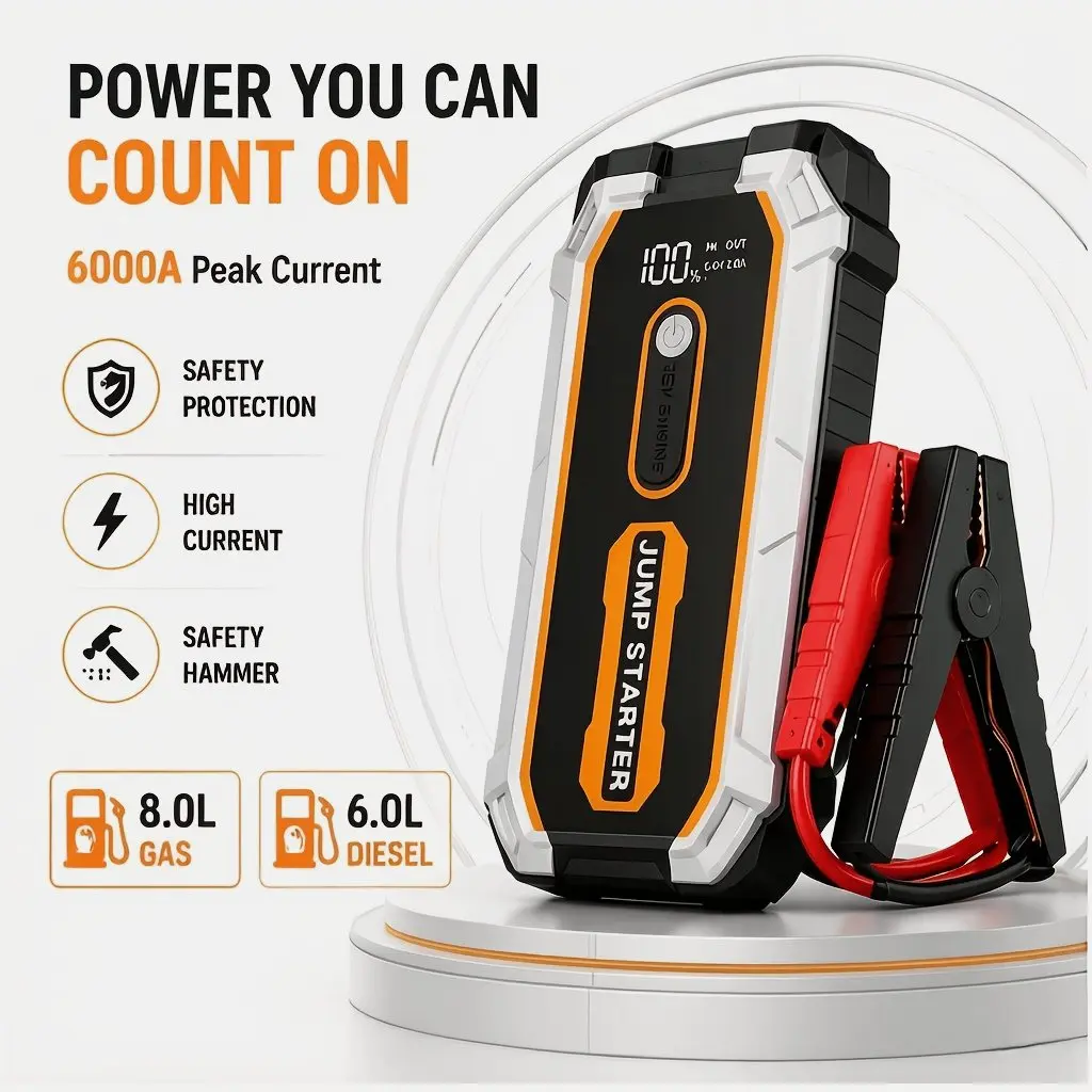 Portable 12V Car Jump Starter Power Pack – Compact Battery Booster for Gasoline & Diesel Vehicles, Includes Safety Jumper Cables, Built-in LED Lights, Fast Recharge Capability, and Dual-Fuel Capacity (Up to 2.11 Gallons Gas / 1.59 Gallons Diesel)
Portable 12V Car Jump Starter Power Pack – Compact Battery Booster for Gasoline & Diesel Vehicles, Includes Safety Jumper Cables, Built-in LED Lights, Fast Recharge Capability, and Dual-Fuel Capacity (Up to 2.11 Gallons Gas / 1.59 Gallons Diesel)