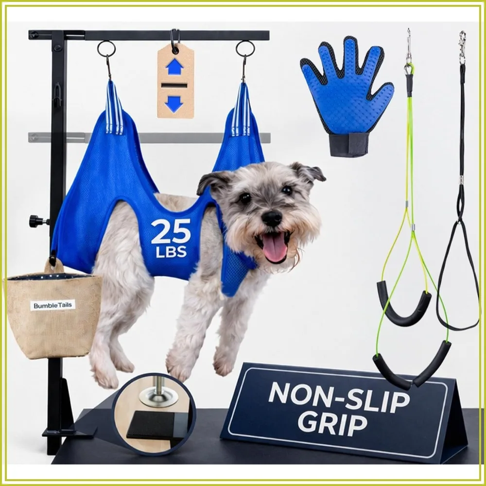 Adjustable Dog Grooming Kit with Arm Clamp, Small Pet Sling for Nail Trimming, No-Sit Haunch Holder, Glove, and Tool Hanging, Full Home Grooming Supplies for Cats
Adjustable Dog Grooming Kit with Arm Clamp, Small Pet Sling for Nail Trimming, No-Sit Haunch Holder, Glove, and Tool Hanging, Full Home Grooming Supplies for Cats