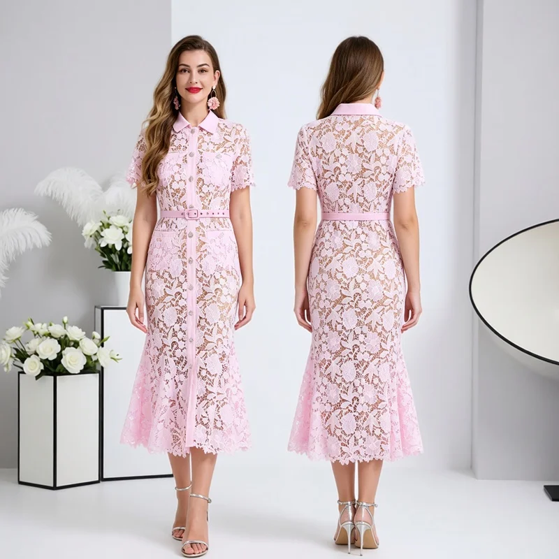 Elegant Pink Lace Hollow out Bodycon Dress Women's High Waist Fish Tail Evening Gown Midi Skirt Summer Fashionable Lady Dress
Elegant Pink Lace Hollow out Bodycon Dress Women's High Waist Fish Tail Evening Gown Midi Skirt Summer Fashionable Lady Dress