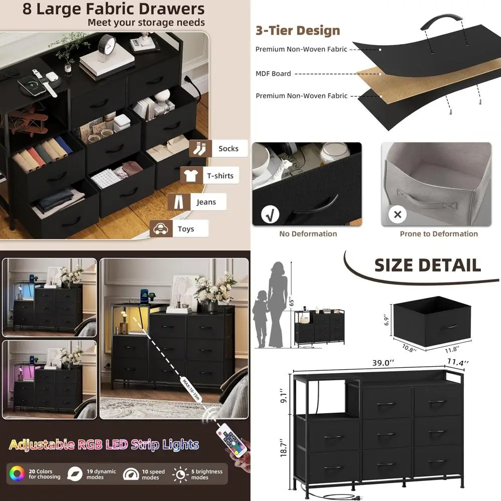 Bedroom Dresser with 8 Drawers, Charging Station, and Open Shelves, Living Room Storage Cabinets, Black Metal Frame, Wooden Top
Bedroom Dresser with 8 Drawers, Charging Station, and Open Shelves, Living Room Storage Cabinets, Black Metal Frame, Wooden Top