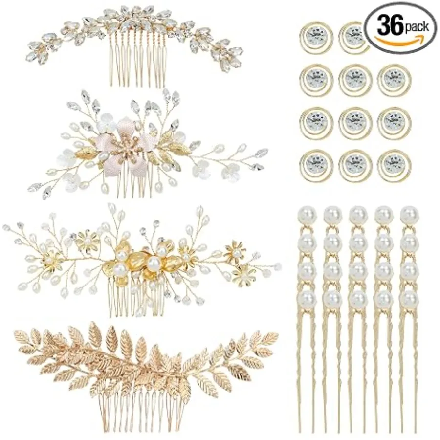 36 Pack Gold Flower Leaf Bridal Wedding Hair Side Combs+U-shaped Pearl Hair Pins+Spiral Rhinestone Hair Clips Barrettes Prom Headpieces Hair Accessories for Brides Bridesmaids Women Girls
36 Pack Gold Flower Leaf Bridal Wedding Hair Side Combs+U-shaped Pearl Hair Pins+Spiral Rhinestone Hair Clips Barrettes Prom Headpieces Hair Accessories for Brides Bridesmaids Women Girls