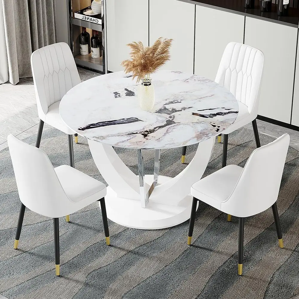 4-Seat Round Dining Table Set with Marble Top and White Upholstered Chairs
4-Seat Round Dining Table Set with Marble Top and White Upholstered Chairs