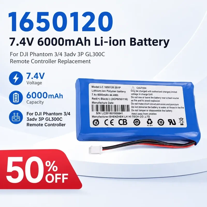 7.4V 6000mAh Li-ion Battery 1650120 For DJI Phantom 3/4 3adv 3P GL300C Remote Controller Replacement
7.4V 6000mAh Li-ion Battery 1650120 For DJI Phantom 3/4 3adv 3P GL300C Remote Controller Replacement