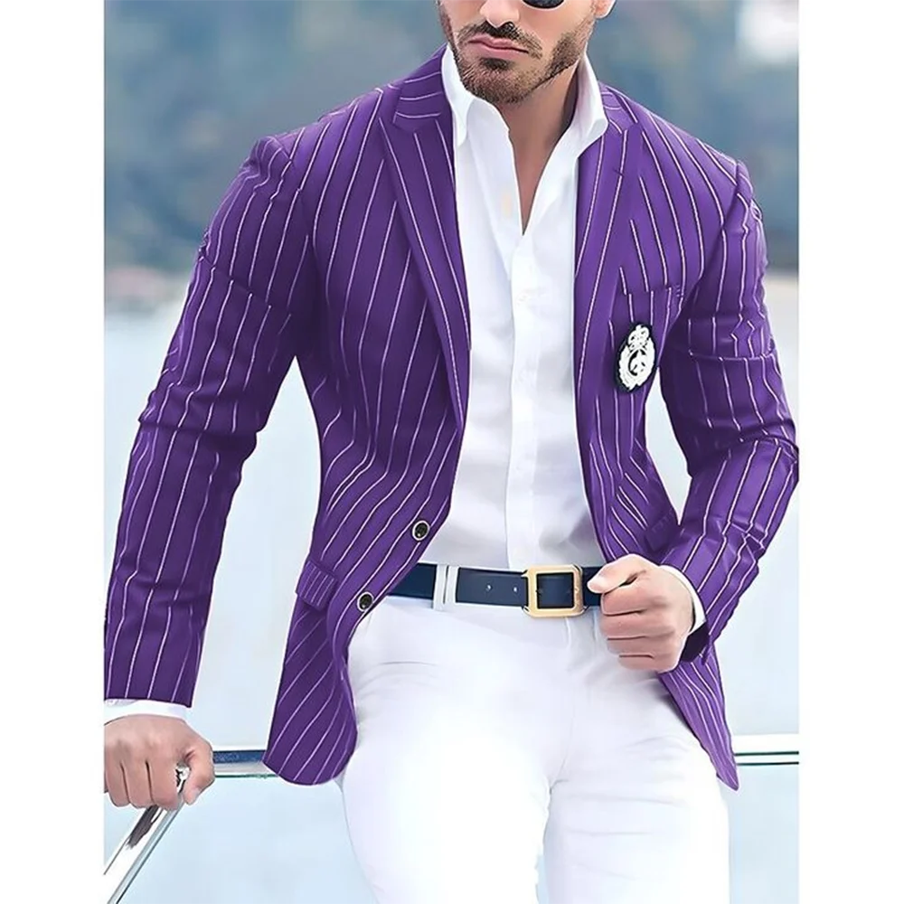 Men Two Piecs Suits Purple Stripe Jacket White Pants Prom Party Suits Single Breasted Banquet Custom
Men Two Piecs Suits Purple Stripe Jacket White Pants Prom Party Suits Single Breasted Banquet Custom