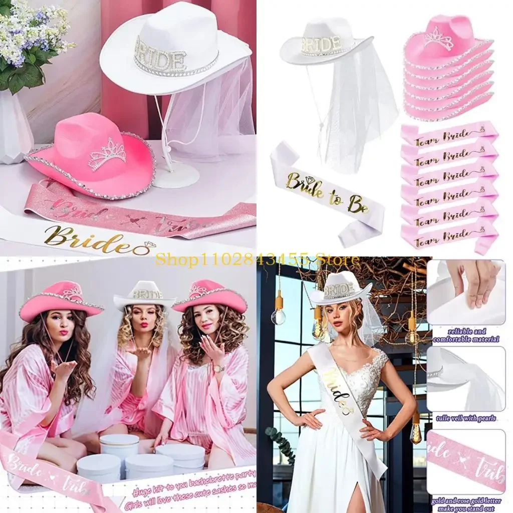 49MC Bachelorette Party Cowgirl Cap Bride Letter Hat Women Bridal Party Cowboy Hat with Veil Sash Girl Carnivals Party Props
49MC Bachelorette Party Cowgirl Cap Bride Letter Hat Women Bridal Party Cowboy Hat with Veil Sash Girl Carnivals Party Props