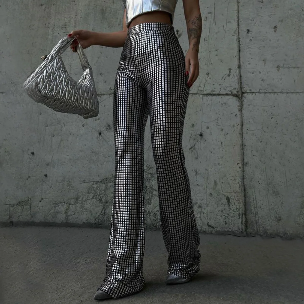 High Waist Elastic Flare Pants for Women Silver Check Shiny Casual Leggings Long Pant Comfy Clothes Trouser Bottom Palazzo Pants
High Waist Elastic Flare Pants for Women Silver Check Shiny Casual Leggings Long Pant Comfy Clothes Trouser Bottom Palazzo Pants