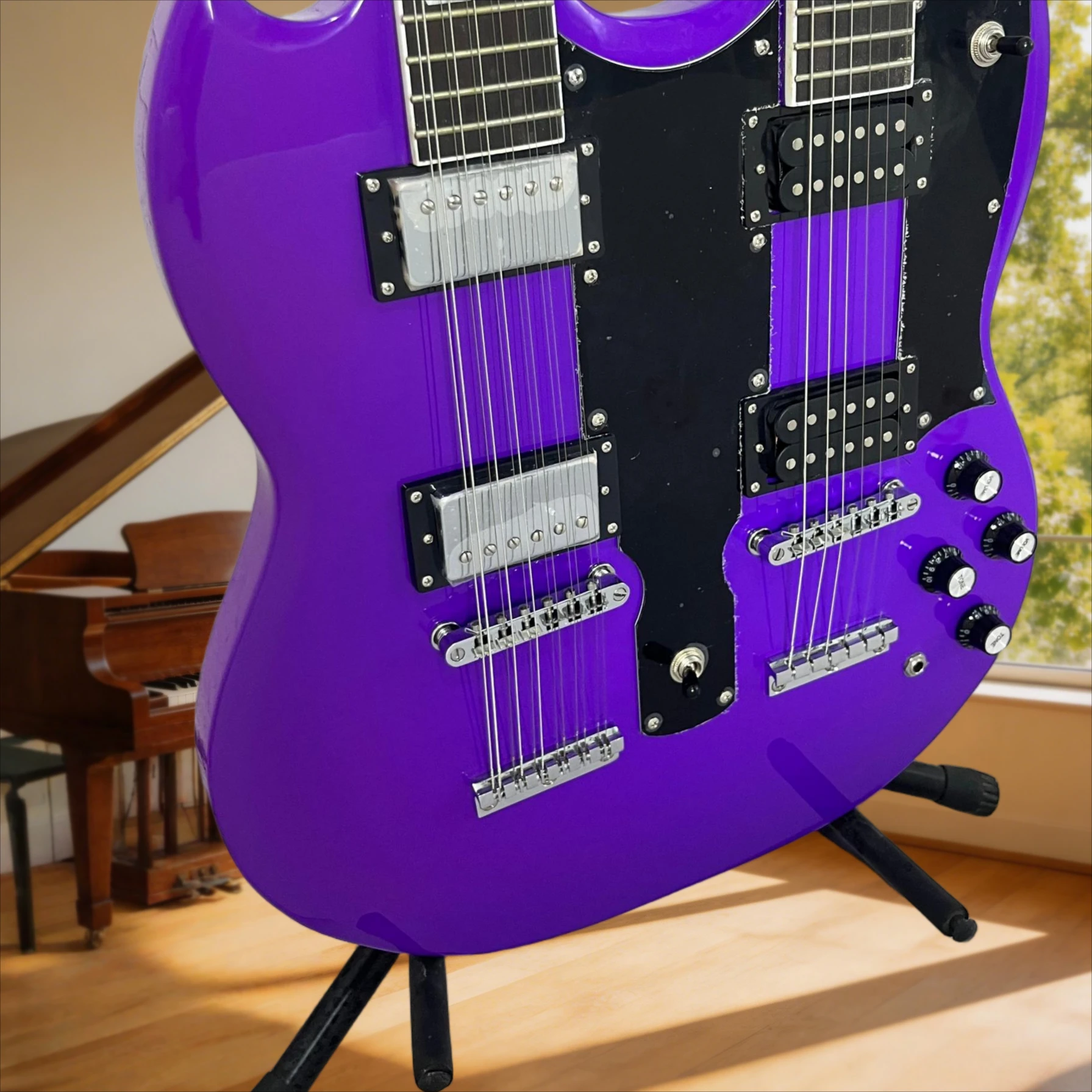 Purple 6 and 12-String Double Neck Electric Guitar Large, Heavy Pro-Level Performance Mahogany Body Rosewood Fingerboard
Purple 6 and 12-String Double Neck Electric Guitar Large, Heavy Pro-Level Performance Mahogany Body Rosewood Fingerboard