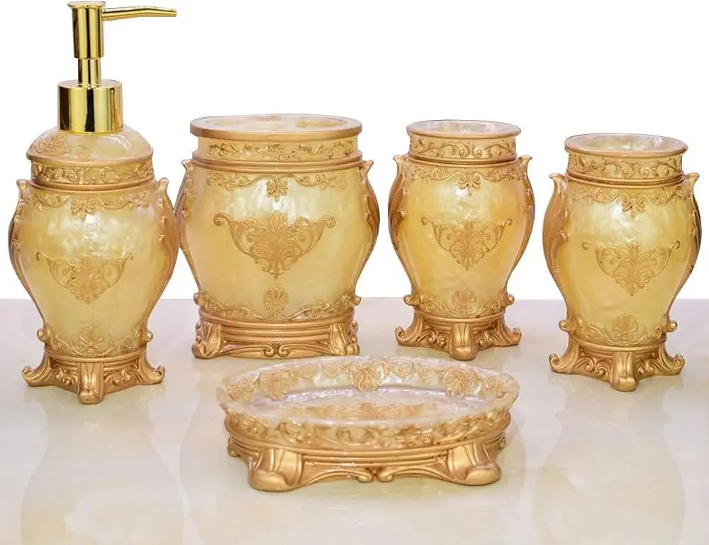5-Piece Bathroom Accessories Set in Golden Finish: Soap Dispenser, Toothbrush Holder, Tumbler, Soap Dish
5-Piece Bathroom Accessories Set in Golden Finish: Soap Dispenser, Toothbrush Holder, Tumbler, Soap Dish