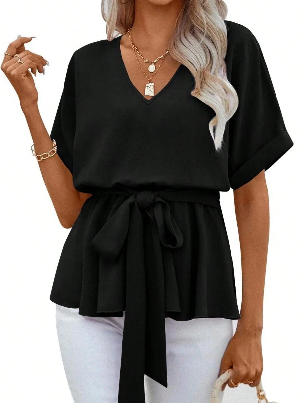Women V Neck Short Sleeve Belted Blouse Casual Top
Women V Neck Short Sleeve Belted Blouse Casual Top