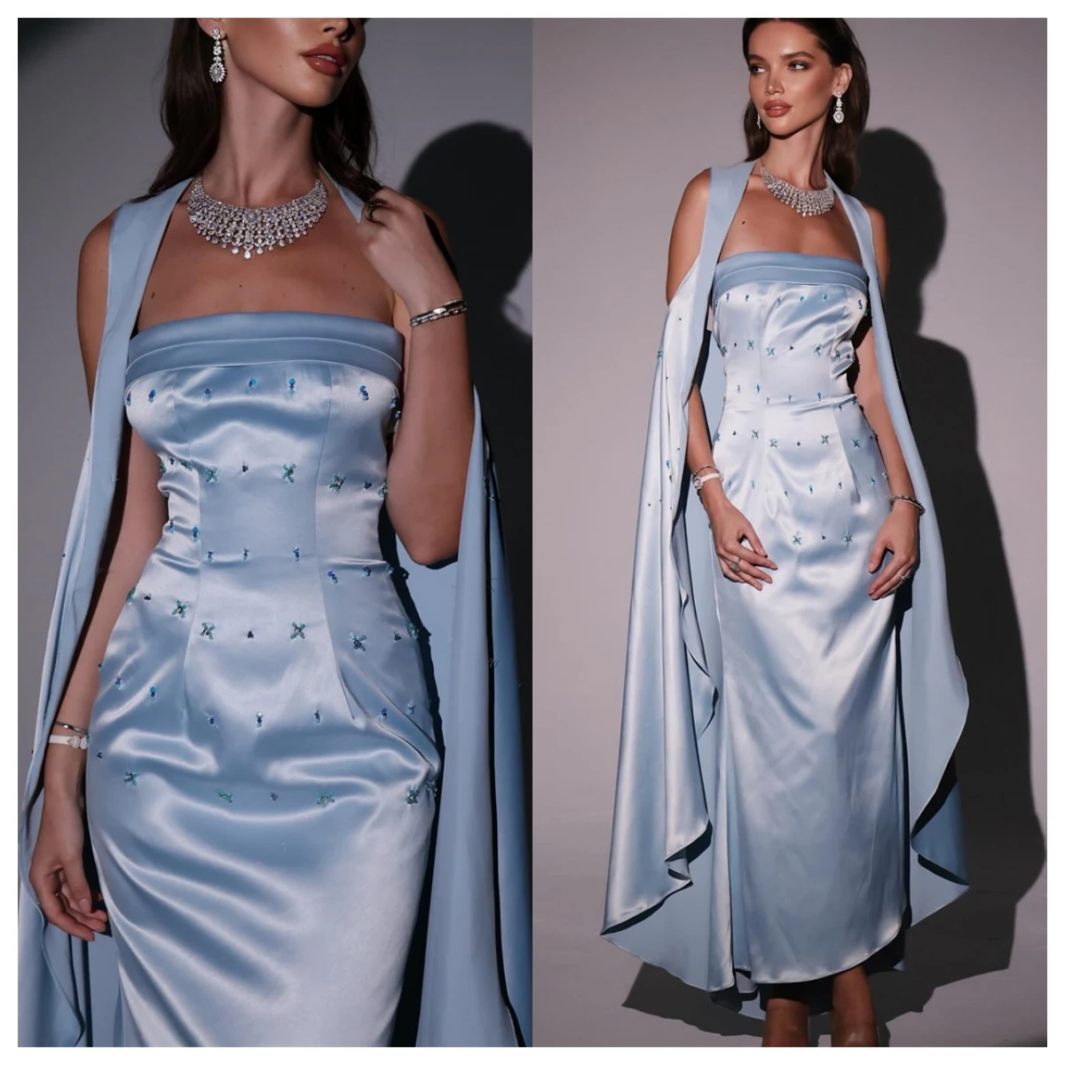 Customized Luxury Blue Satin Evening Dress Strapless Sleeveless Celebrity Gowns Bespoke Occasion Gowns Temperament Delicate
Customized Luxury Blue Satin Evening Dress Strapless Sleeveless Celebrity Gowns Bespoke Occasion Gowns Temperament Delicate