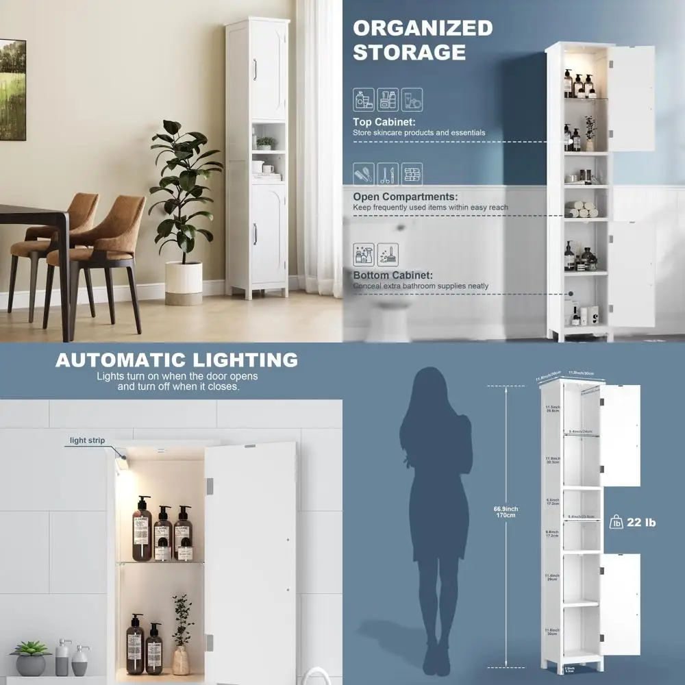 Высокий узкий шкаф для ванной комнаты (67 см) с регулируемыми полками, дверцей и подсветкой
Высокий узкий шкаф для ванной комнаты (67 см) с регулируемыми полками, дверцей и подсветкой