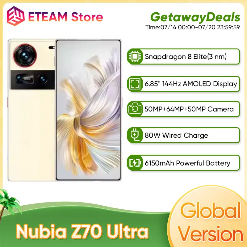 Global Version Nubia Z70 Ultra 5G Smartphone 6.85" 144Hz AMOLED Screen Snapdragon 8 Elite 6150mAh Battery 80W Charging NFC IP69
Global Version Nubia Z70 Ultra 5G Smartphone 6.85" 144Hz AMOLED Screen Snapdragon 8 Elite 6150mAh Battery 80W Charging NFC IP69