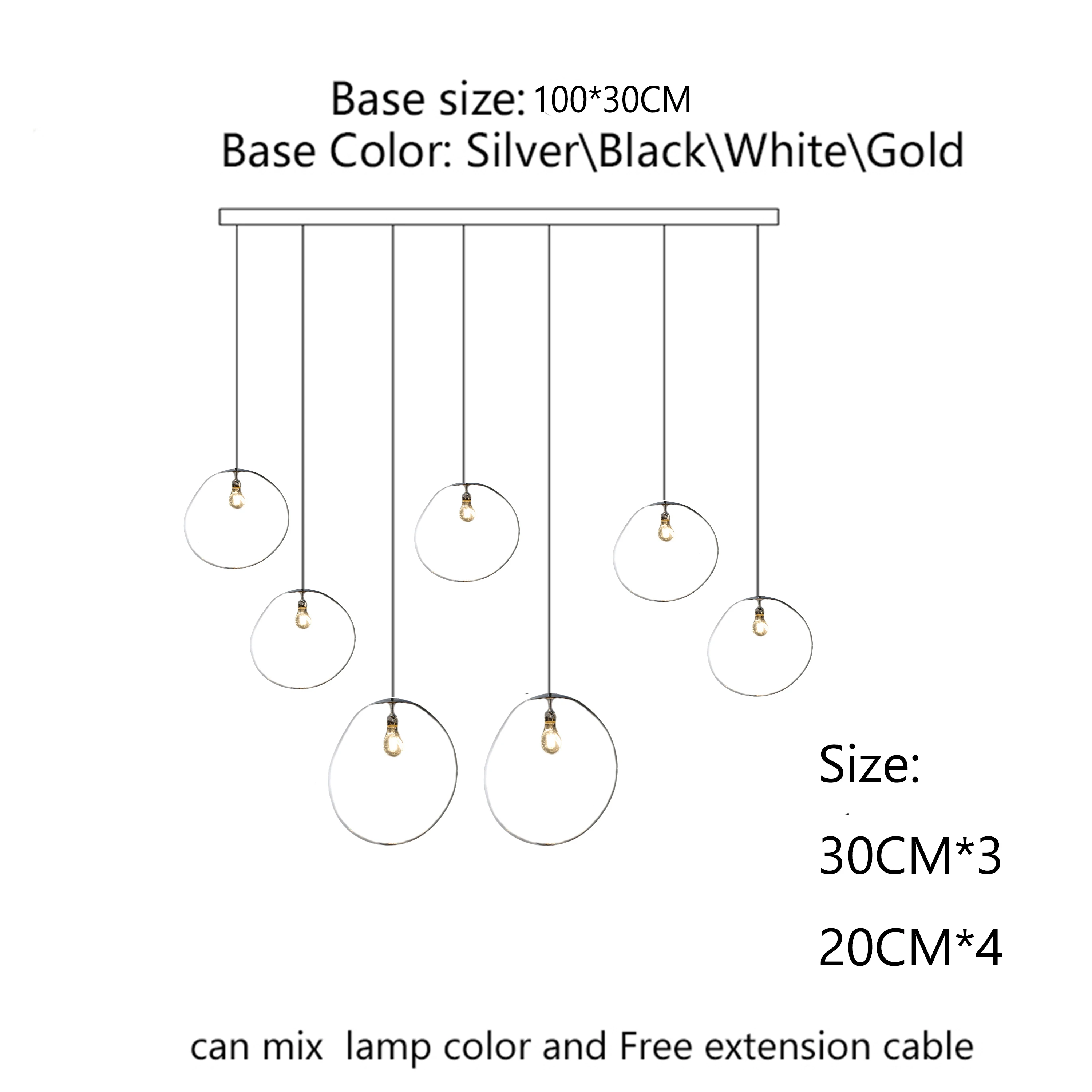 7 lamps on a rectangular base 100*30cm. Lamps: silver - 2*30cm, 2*20cm; gold - 1*30cm, 2*20cm.
7 lamps on a rectangular base 100*30cm. Lamps: silver - 2*30cm, 2*20cm; gold - 1*30cm, 2*20cm.