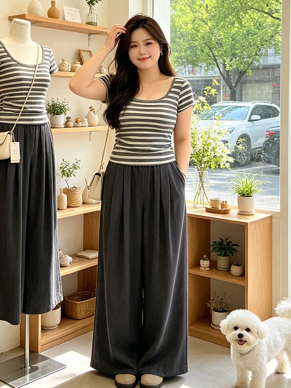 plus Size Summer Slim Fit Women's Set Low round Neck Striped T-Shirt Loose Wide Leg Pants Two Piece Set Fashion Commute Korea...
plus Size Summer Slim Fit Women's Set Low round Neck Striped T-Shirt Loose Wide Leg Pants Two Piece Set Fashion Commute Korea...