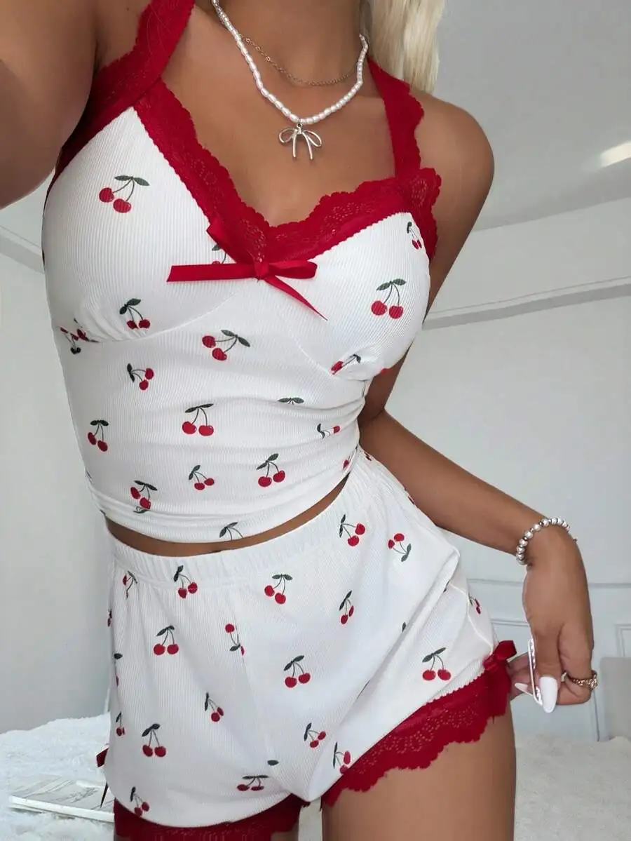 Cherry Print Lace Trim V-Neck Camisole And Shorts Pajama Set For Women
Cherry Print Lace Trim V-Neck Camisole And Shorts Pajama Set For Women