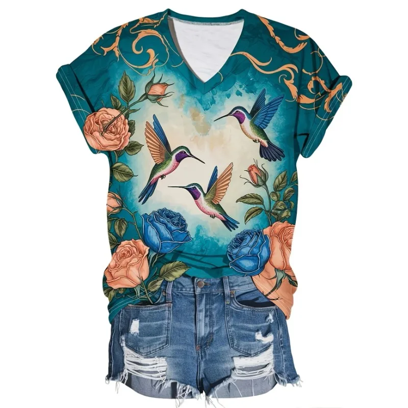 Plus Size 1XL-5XL New Women V-Neck Bird and Floral Print T-Shirt Casual Polyester Knit Fabric with Slight Stretch All-Season Top
Plus Size 1XL-5XL New Women V-Neck Bird and Floral Print T-Shirt Casual Polyester Knit Fabric with Slight Stretch All-Season Top