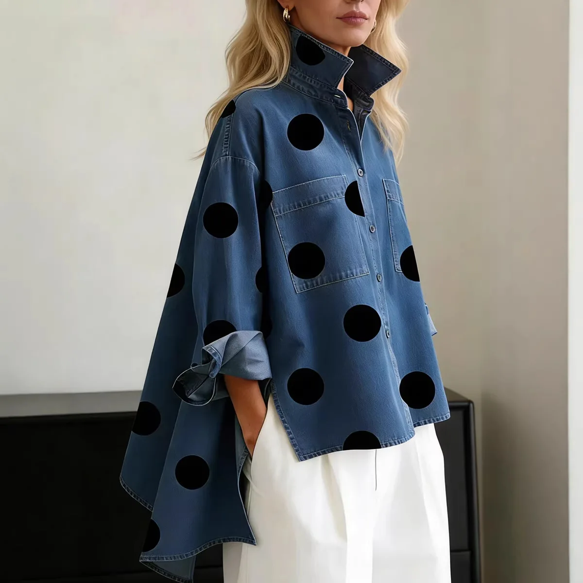 SuperAen European and American Style 2026 Spring New Printed Denim Polo Collar Casual Loose Shirt Asymmetrical Tops
SuperAen European and American Style 2026 Spring New Printed Denim Polo Collar Casual Loose Shirt Asymmetrical Tops