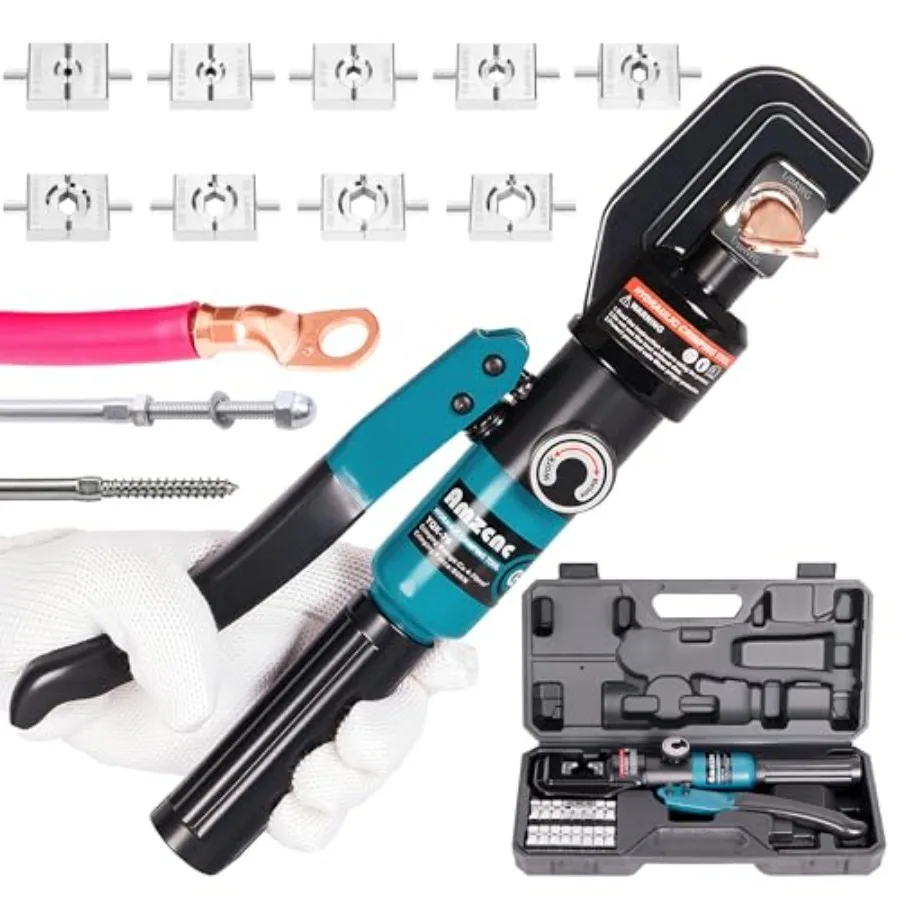 10 Ton Hydraulic Battery Cable Crimper Single-Hand Return 9 Hex Dies for 12-2/0 AWG 180° Rotating Head Pro Terminal Tool for Ca
10 Ton Hydraulic Battery Cable Crimper Single-Hand Return 9 Hex Dies for 12-2/0 AWG 180° Rotating Head Pro Terminal Tool for Ca