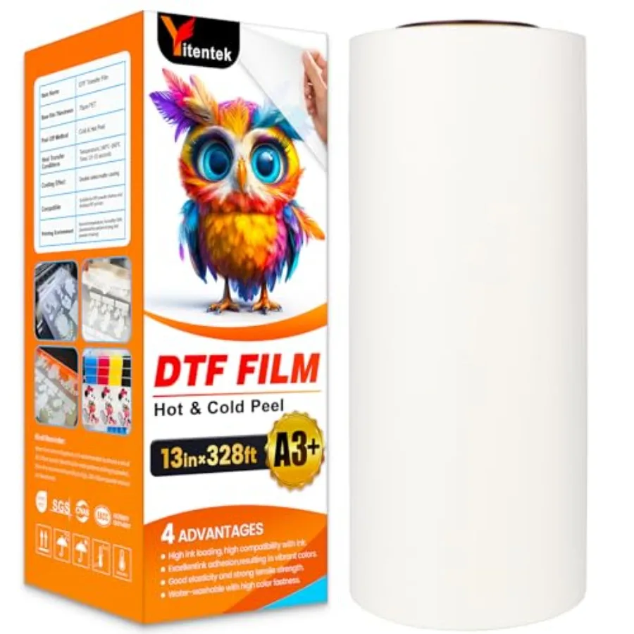 Yitentek DTF Roll A3+ DTF Transfer Roll 13" x 328' Double Sided Matte PreTreat PET Heat Transfer Film Cold and Hot Peel Direct
Yitentek DTF Roll A3+ DTF Transfer Roll 13" x 328' Double Sided Matte PreTreat PET Heat Transfer Film Cold and Hot Peel Direct