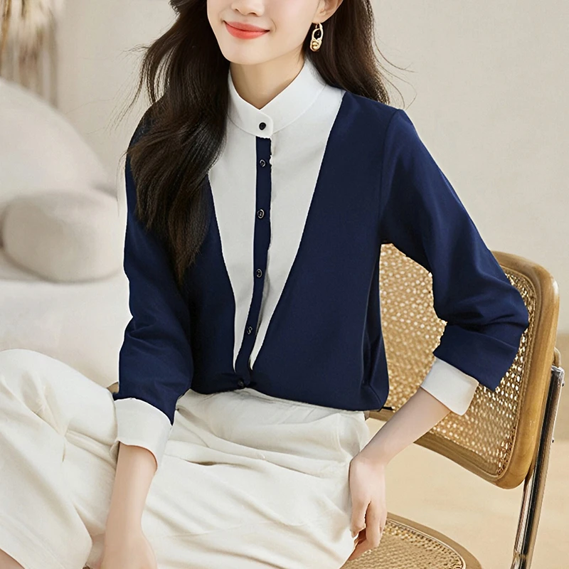 Весенне-осенняя новая модная женская одежда с воротником контрастного цвета, офисная женская рубашка, модная шифоновая блузка с длинными рукавами, топы
Весенне-осенняя новая модная женская одежда с воротником контрастного цвета, офисная женская рубашка, модная шифоновая блузка с длинными рукавами, топы