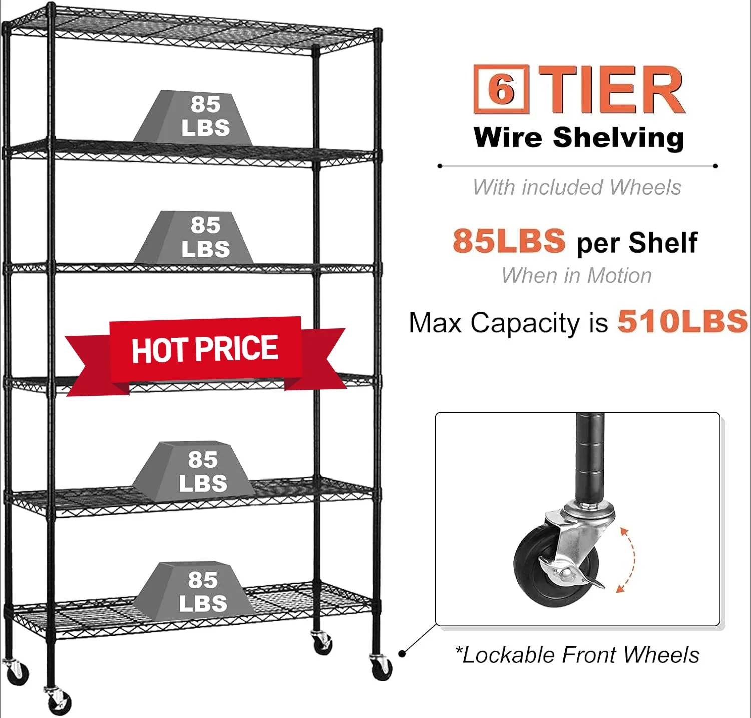 6-Tier Storage Shelves NSF Certified Wire Shelving Unit on Wheels Heavy Duty Metal Adjustable Steel 2100Lbs Capacity
6-Tier Storage Shelves NSF Certified Wire Shelving Unit on Wheels Heavy Duty Metal Adjustable Steel 2100Lbs Capacity