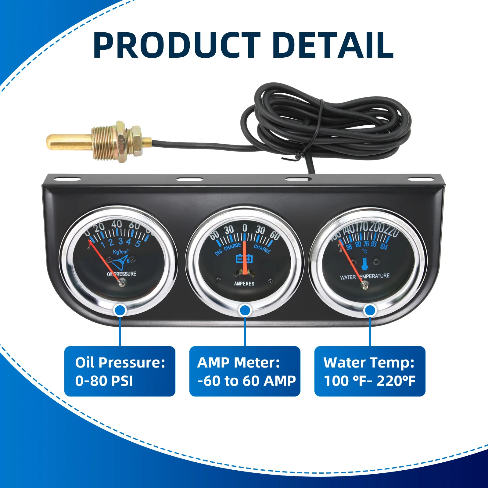 12 В 52 мм автомобильный счетчик, тройной набор манометров, манометр масла + амперметр + измеритель температуры воды с комплектами датчиков для бензиновых автомобилей
12 В 52 мм автомобильный счетчик, тройной набор манометров, манометр масла + амперметр + измеритель температуры воды с комплектами датчиков для бензиновых автомобилей