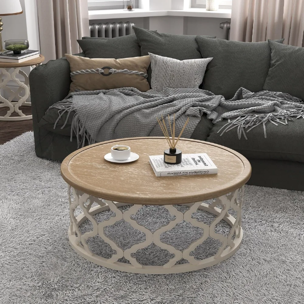 Farmhouse Coffee Table,30'' Round French Country Coffee Table,Distressed Wood Tray Top Vintage Coffee Table with Storage Shelf
Farmhouse Coffee Table,30'' Round French Country Coffee Table,Distressed Wood Tray Top Vintage Coffee Table with Storage Shelf
