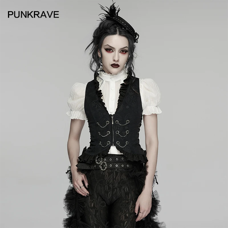 PUNK RAVE Women's Gothic Ruffle Drawstring Vest Printed Twill Cotton Knitted V-neck Zipper Chain Buckle Adjustable Waist Top
PUNK RAVE Women's Gothic Ruffle Drawstring Vest Printed Twill Cotton Knitted V-neck Zipper Chain Buckle Adjustable Waist Top