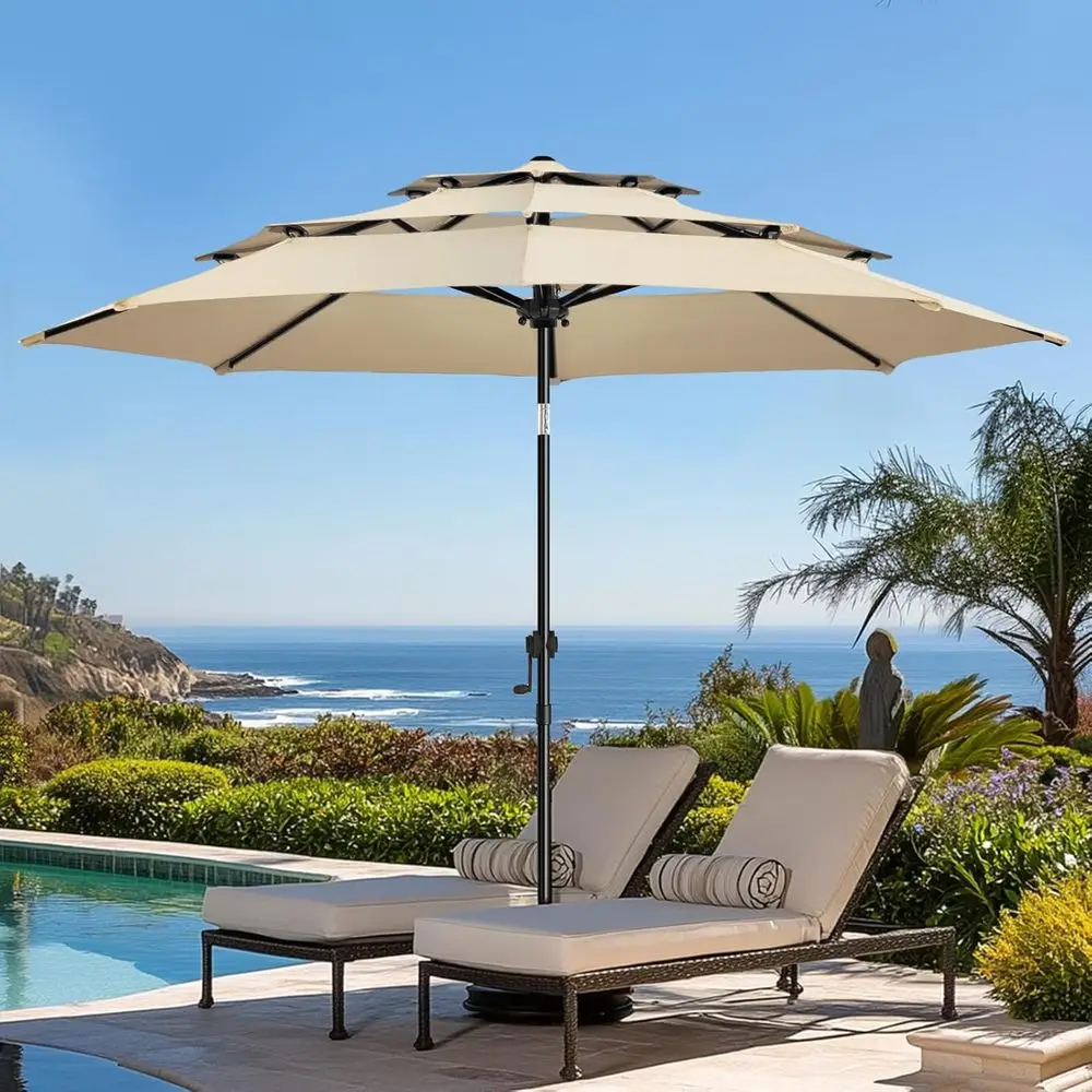 3-Tier Patio Umbrella with Push Button/Crank, Weather-Resistant Polyester, Suitable for Garden, Lawn, Deck, Backyard, and Pool,
3-Tier Patio Umbrella with Push Button/Crank, Weather-Resistant Polyester, Suitable for Garden, Lawn, Deck, Backyard, and Pool,