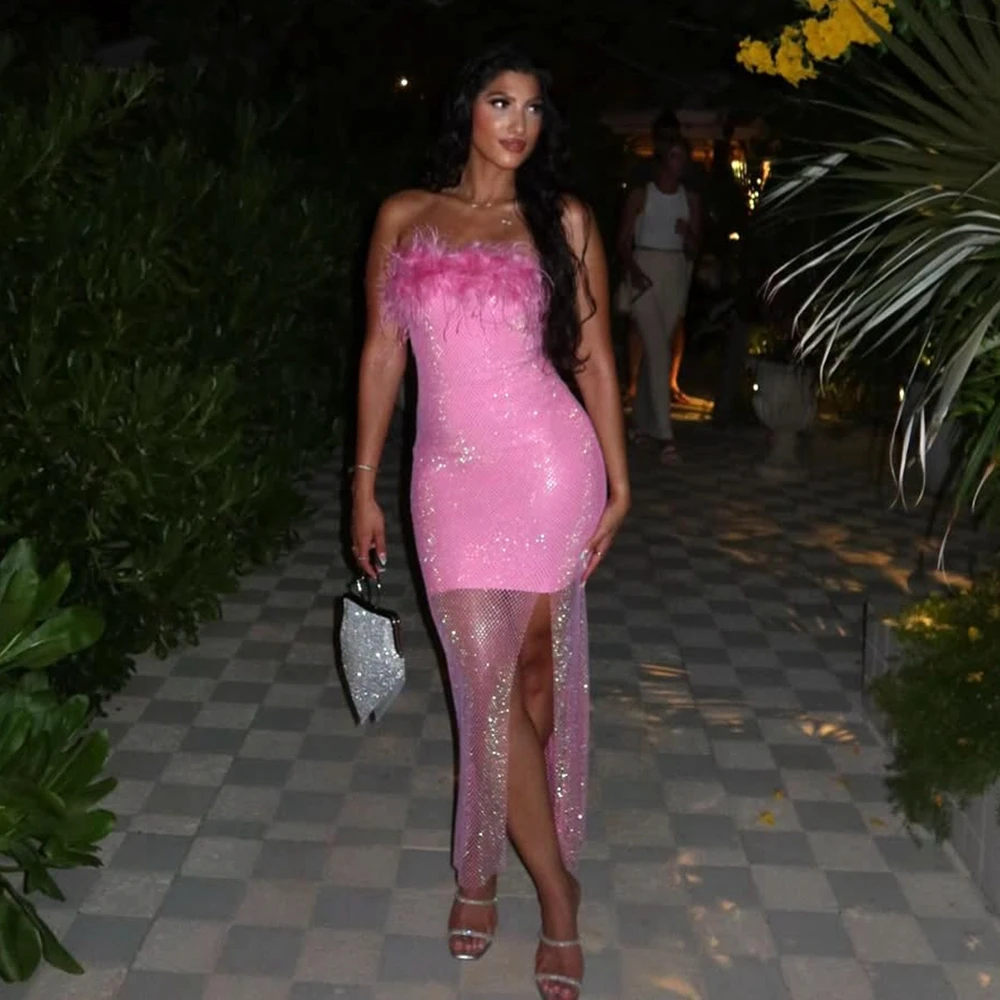 Glitter Sequin Feather Evening Dresses Sexy Side Slit Lace Mini Cocktail Party Dress Strapless Women's Prom Pageant Gowns
Glitter Sequin Feather Evening Dresses Sexy Side Slit Lace Mini Cocktail Party Dress Strapless Women's Prom Pageant Gowns