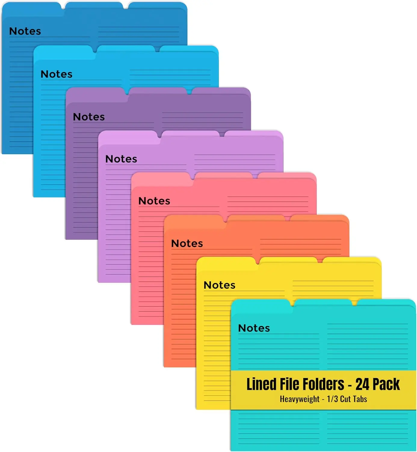 24 Pack Lined File Folders with 1/3 Cut Tabs, 8 Colors, Heavyweight Letter Size 9.5x11.5 Inches for Office Organization
24 Pack Lined File Folders with 1/3 Cut Tabs, 8 Colors, Heavyweight Letter Size 9.5x11.5 Inches for Office Organization