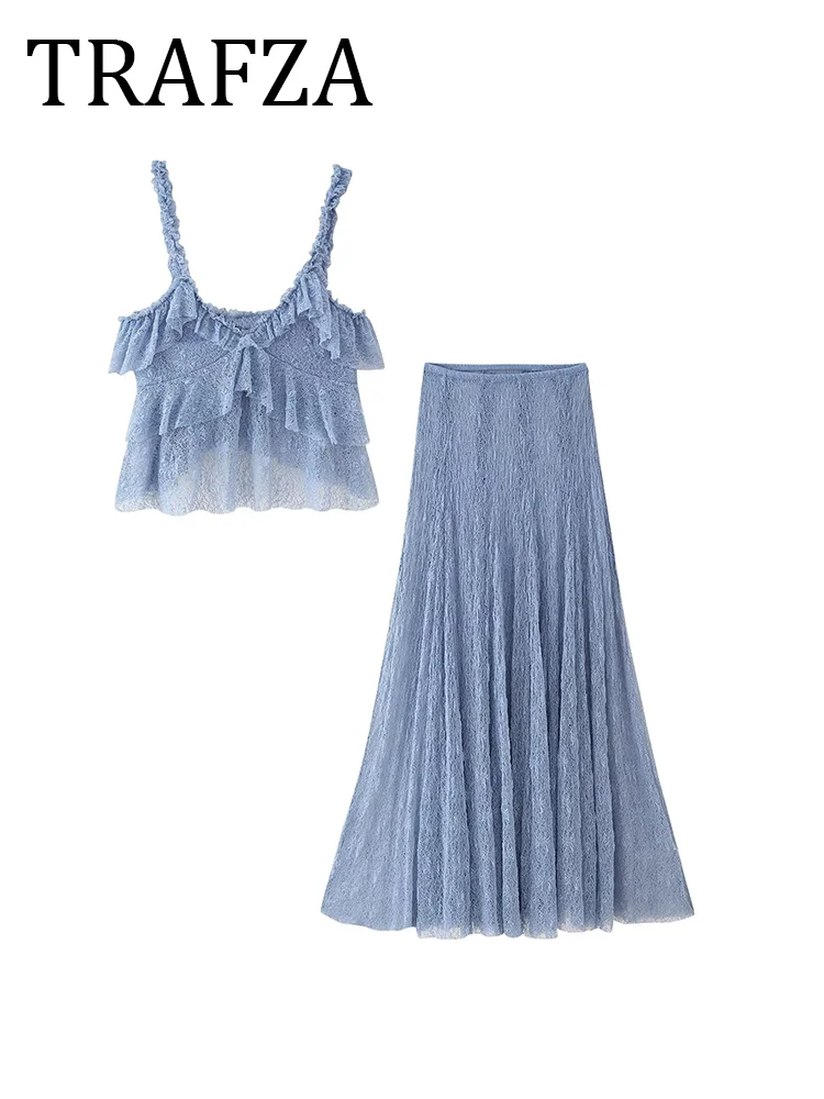 TRAFZA Women's Lace Ruffles Top Long Skirt Set V-neck Tank+Transparent High Waist Skirt 2 Pieces Outfit 2025 Summer Elegant Suit
TRAFZA Women's Lace Ruffles Top Long Skirt Set V-neck Tank+Transparent High Waist Skirt 2 Pieces Outfit 2025 Summer Elegant Suit